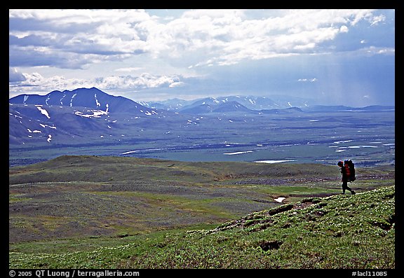 Backpacker on a ridge above vast expenses of tundra. Lake Clark National Park, Alaska (color)