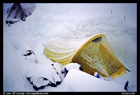 More fresh snow on the tent down at 14300. Denali, Alaska