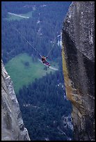 [photo by Bryce Nesbitt] Tyrolean traverse from Lost Arrow Spire. Yosemite National Park, California (color)