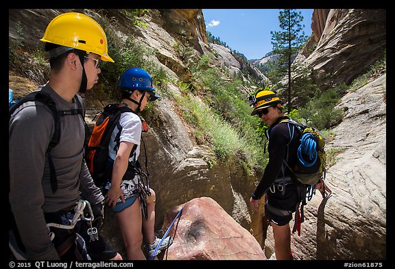 Hikers preparing to pass obstacle with ropes in Mystery Canyon. Zion National Park, Utah (color)