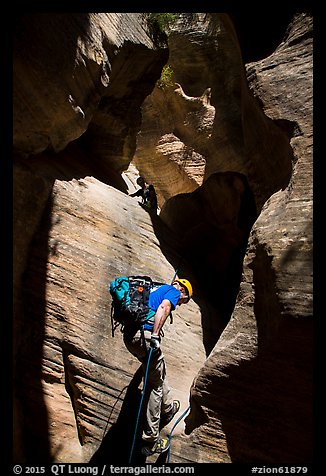 Canyoneers rappel a narrow section of Mystery Canyon. Zion National Park, Utah (color)
