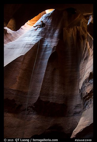 Free hanging rappel in huge chamber, Pine Creek Canyon. Zion National Park, Utah (color)