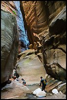 Hikers navigating narrows of Orderville Canyon. Zion National Park, Utah ( color)