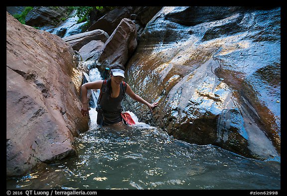 Woman walking in stream, Orderville Canyon. Zion National Park, Utah (color)