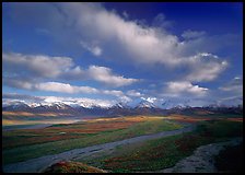 Wide braided rivers, Alaska Range, and clouds, late afternoon. Denali National Park, Alaska, USA. (color)