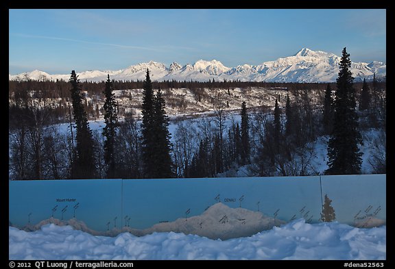 Interpretive sign, forest and Alaska range. Denali National Park, Alaska, USA.