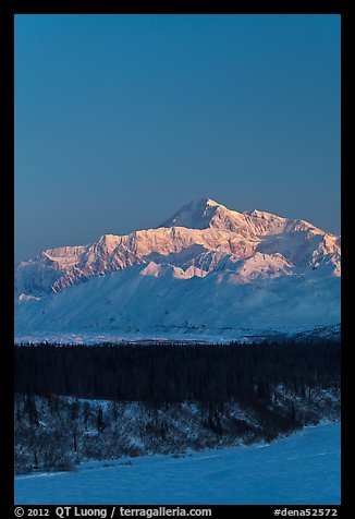 Mt McKinley under clear winter sky at sunrise. Denali National Park, Alaska, USA.