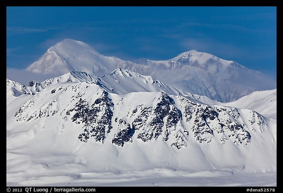Mt McKinley rises above Alaska range in winter. Denali National Park, Alaska, USA.