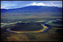 Aerial view of meandering river and mountains. Gates of the Arctic National Park, Alaska, USA. (color)