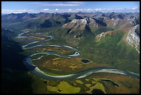 Aerial view of meandering Alatna river in mountain valley. Gates of the Arctic National Park, Alaska, USA.