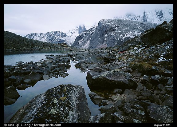 Arrigetch peaks above pond in Aquarius Valley. Gates of the Arctic National Park (color)
