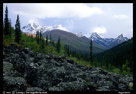 Arrigetch Peaks from boulder field in Arrigetch Creek. Gates of the Arctic National Park (color)