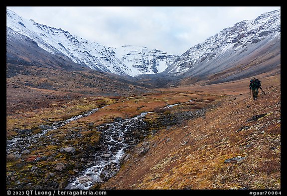 Hiker above stream, Three River Mountain. Gates of the Arctic National Park (color)