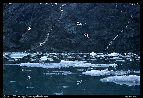 Icebergs and waterfalls, West arm. Glacier Bay National Park, Alaska, USA.