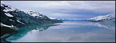 Marine scenery with snowy mountains and ice. Glacier Bay National Park (Panoramic color)