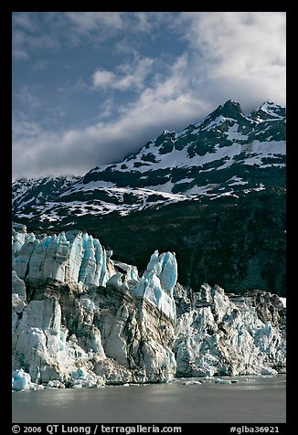 Seracs on the face of Lamplugh glacier and Mount Cooper. Glacier Bay National Park, Alaska, USA.