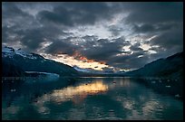 Mount Forde, Margerie Glacier, Mount Eliza, Grand Pacific Glacier, and Tarr Inlet, cloudy sunset. Glacier Bay National Park, Alaska, USA. (color)