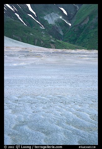 Ash formation on the floor of the Valley of Ten Thousand smokes, below the green hills. Katmai National Park (color)