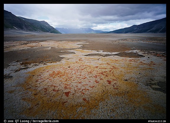 Brightly colored ash in wide plain, Valley of Ten Thousand smokes. Katmai National Park, Alaska, USA.