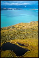 Aerial View of pond, tundra and Naknek Lake in autumn. Katmai National Park ( color)