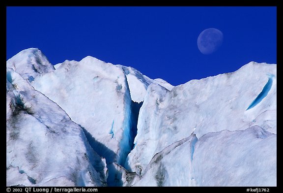Seracs and moon, Exit Glacier. Kenai Fjords National Park, Alaska, USA.