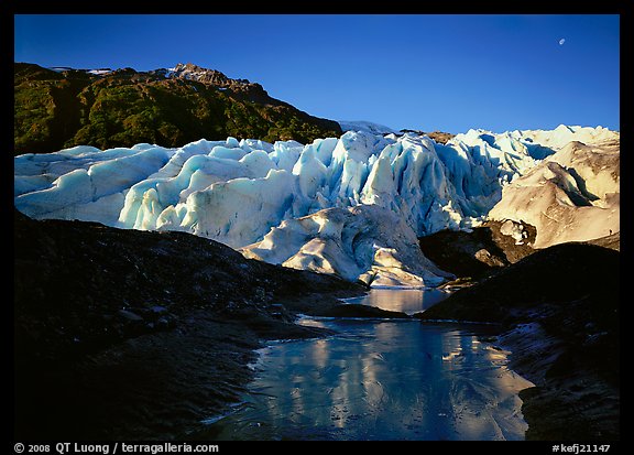 Frozen glacial pond and front of Exit Glacier, 2000, early morning. Kenai Fjords National Park (color)