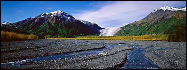 Streams on gravel bar with glacier in the distance. Kenai Fjords National Park, Alaska, USA.