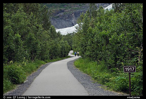 Exit Glacier trail with marker showing glacial retreat. Kenai Fjords National Park, Alaska, USA.