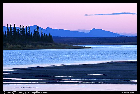 Sand bar shore, river and Baird mountains, evening. Kobuk Valley National Park (color)