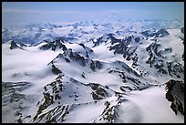 Aerial view of snowy peaks, Chigmit Mountains. Lake Clark National Park, Alaska, USA.