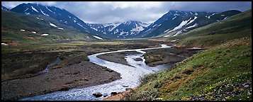 Mountain scenery with stream and tundra in summer. Lake Clark National Park (Panoramic color)