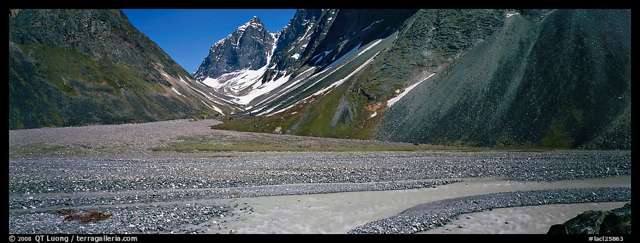 Valley with gravel bar surrounded by steep mountains. Lake Clark National Park (color)