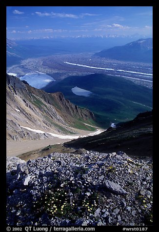 Junction of Kennicott and Root glaciers seen from Mt Donoho, late afternoon. Wrangell-St Elias National Park, Alaska, USA.