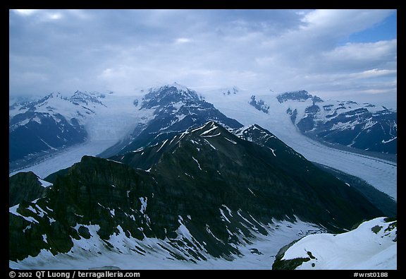 Kennicott and Root glaciers seen from Mt Donoho, evening. Wrangell-St Elias National Park, Alaska, USA.