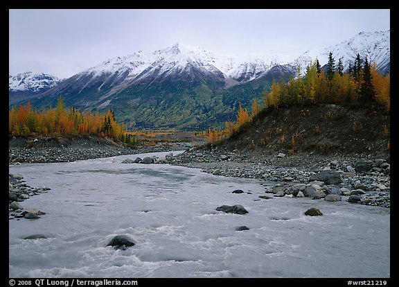 Kennicott River and snow-covered Bonanza ridge. Wrangell-St Elias National Park, Alaska, USA.