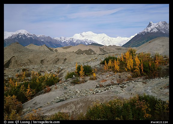 Mt Wrangell and Root Glacier moraines seen from Kenicott. Wrangell-St Elias National Park (color)