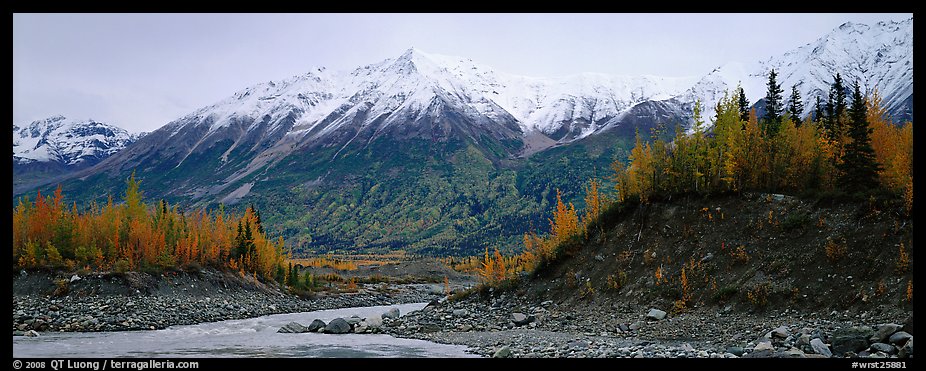 Autumn mountain landscape with snowy peaks above river and trees. Wrangell-St Elias National Park, Alaska, USA.