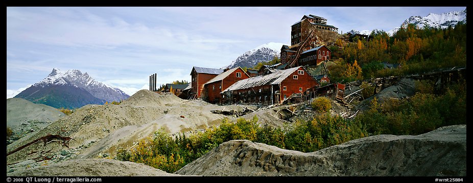 Abandonned mill buildings and moraine, Kennicott. Wrangell-St Elias National Park, Alaska, USA.