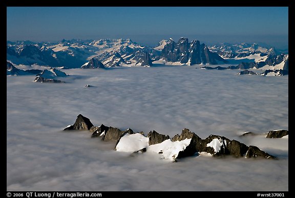 Aerial view of peaks emerging from sea of clouds, St Elias range. Wrangell-St Elias National Park, Alaska, USA.