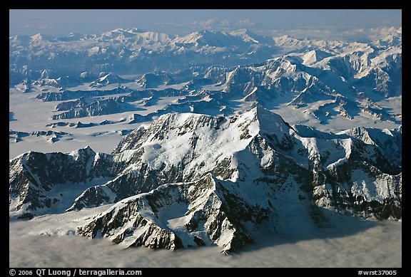 Aerial view of Mt St Elias and Mt Logan. Wrangell-St Elias National Park, Alaska, USA.