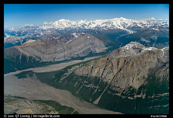 Aerial view of Mile High Cliffs and Chizina River. Wrangell-St Elias National Park, Alaska, USA.
