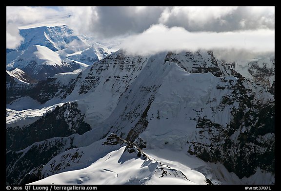Aerial view of mountain with steep icy faces. Wrangell-St Elias National Park, Alaska, USA.