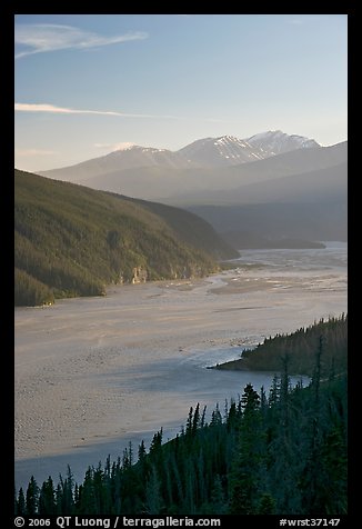 Wide Chitina River and Chugach Mountains. Wrangell-St Elias National Park, Alaska, USA.