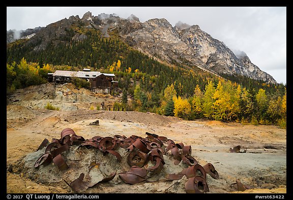 Mine mill with earth colored by gold tailings. Wrangell-St Elias National Park (color)