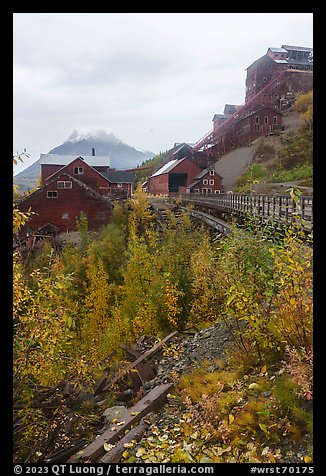Kennicott historic mill town and Donoho Peak in autumn. Wrangell-St Elias National Park (color)