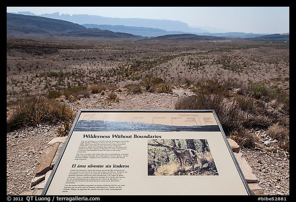 Sierra Del Carmen landscape and interpretative sign. Big Bend National Park, Texas, USA.