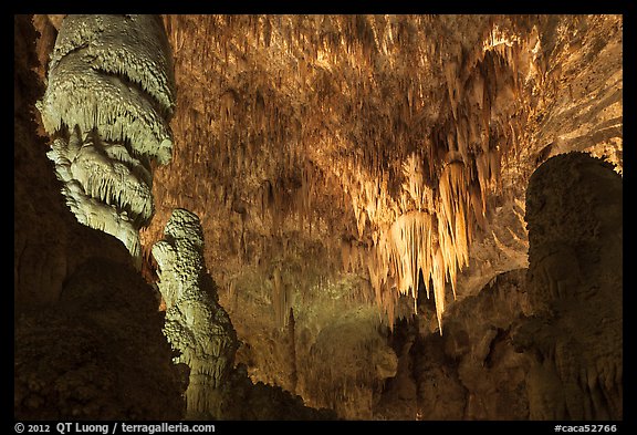 Massive stalagmites and chandelier, Big Room. Carlsbad Caverns National Park (color)