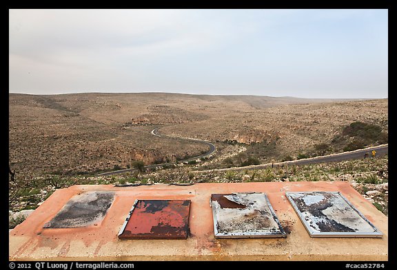 Burned interpretative signs. Carlsbad Caverns National Park, New Mexico, USA.