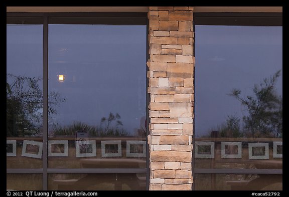 Desert shrubs, visitor center window reflexion. Carlsbad Caverns National Park (color)