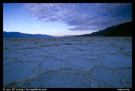 Hexagonal salt tiles near Badwater, sunrise. Death Valley National Park, California, USA.